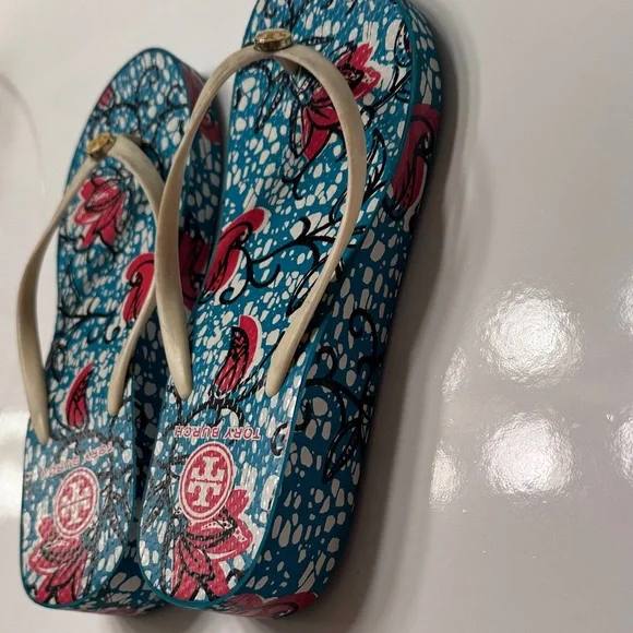 Tory Burch Blue and Red Floral Flip Flops - Picture 3 of 5